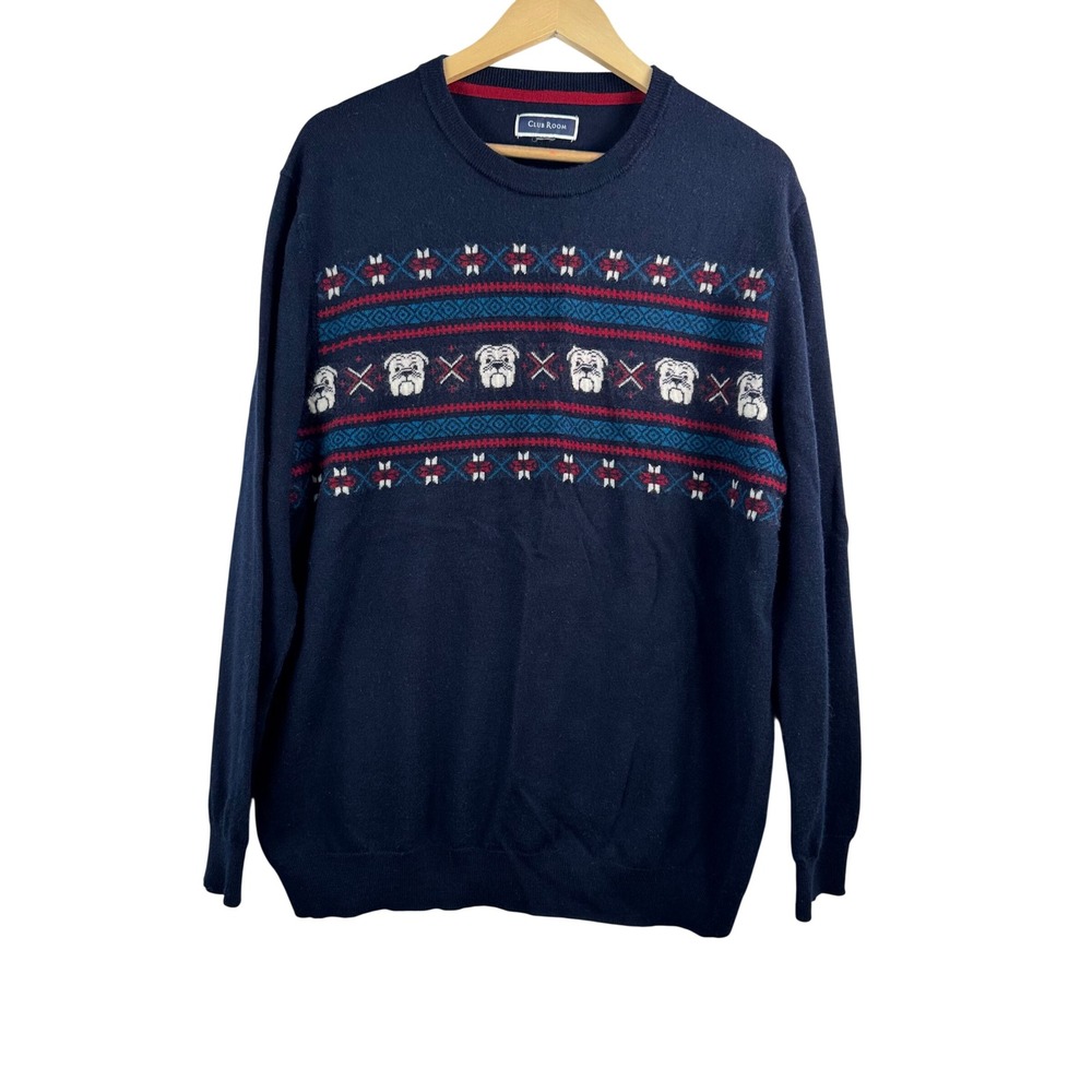 Club Room Sweater sz XXL Navy Blue Bulldog Fair Isle‎ Merino Wool Blend preppy